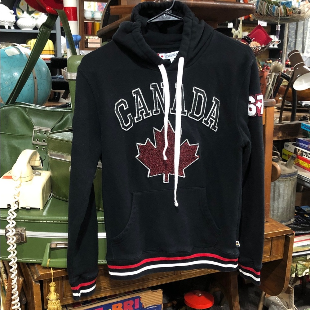 Hudson Bay Canada Logo Black Hoodie Sweatshirt with Red Maple Leaf